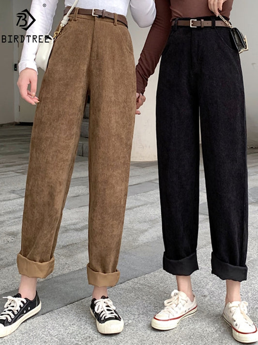 2021 Spring New Women's Casual Loose Corduroy Wide Leg Pants Fashion Full Length Trousers With Sashes Female Bottoms B01308O