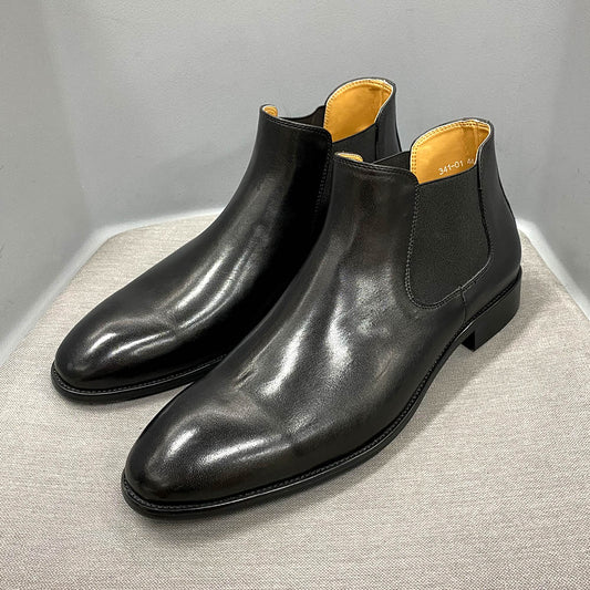 Elegant Chelsea Boots Genuine Cow Leather Men Ankle Shoes with Elastic Band Black Slip on Formal Business Fashion Boots for Men