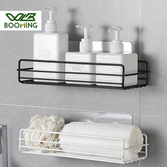 WBBOOMING Bathroom Iron Storage Shelves Wall-mounted Punch Free Shower Shelf Black White Storage Suction Basket Storage Racks