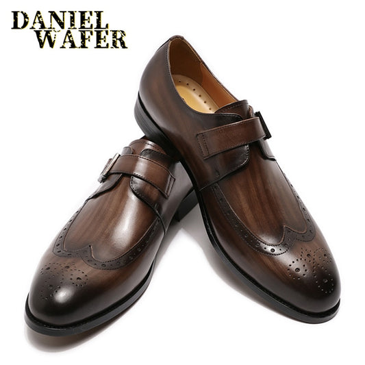 Luxury Men Loafers Wingtip Genuine Leather Brown Black Buckle Monk Strap Casual Business Dress Shoes Mens Office Wedding Shoes