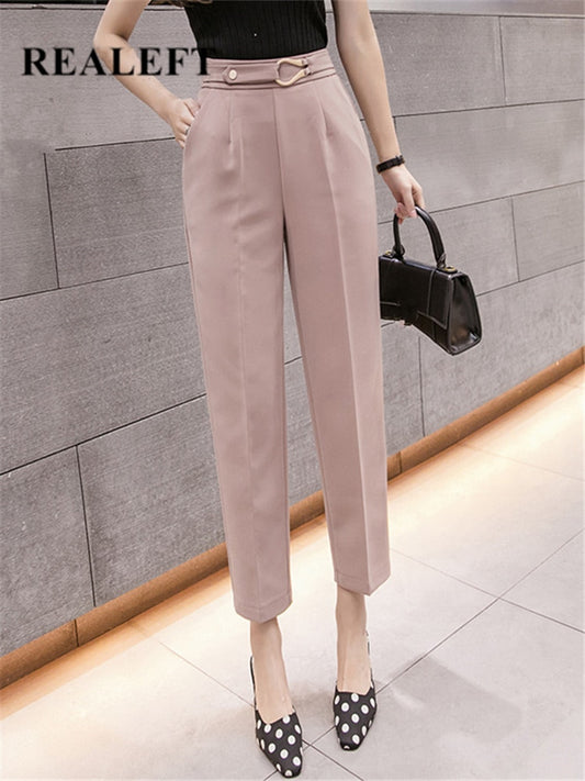 REALEFT Spring Summer 2022 Korean OL Style Women's Formal Harem Pants Pockets High Waist Elegant Office Lady Ankle-Length Pants
