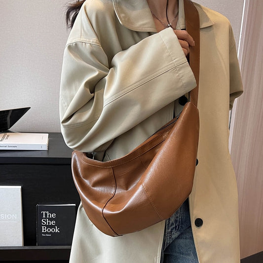 Simple Solid Color Crossbody Bags for Women Vintage Leather Shoulder Bag Brand Designer Handbags Ladies Sac Large Half Moon Bags