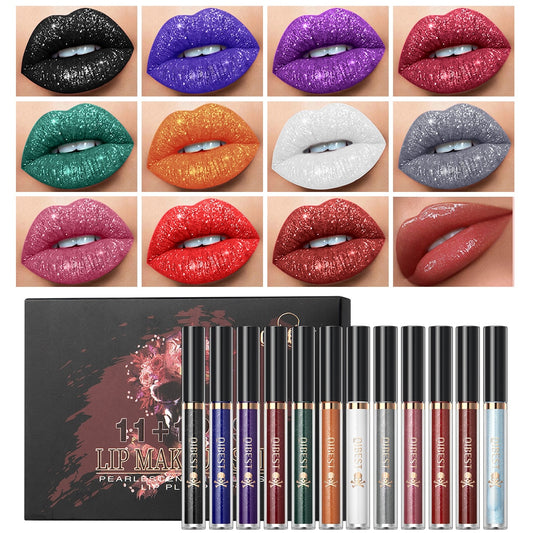 QIBEST 11 Colors Matte Liquid Lipstick With Lip Oil Set Long-Lasting Non-Stick Cup Not Fade Waterproof Glitter Lipgloss Kits