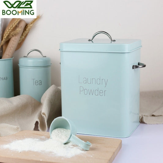 Bathroom Organizer 3KG Washing Powder Barrel with Spoon Snack Grain Storage Box Household Multifunction Iron Covered Container