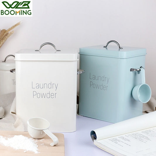 WBBOOMING 3KG Washing Powder Barrel With Spoon Small Grain Storage Box Household Multifunction Iron Covered Barrel Nordic Wind