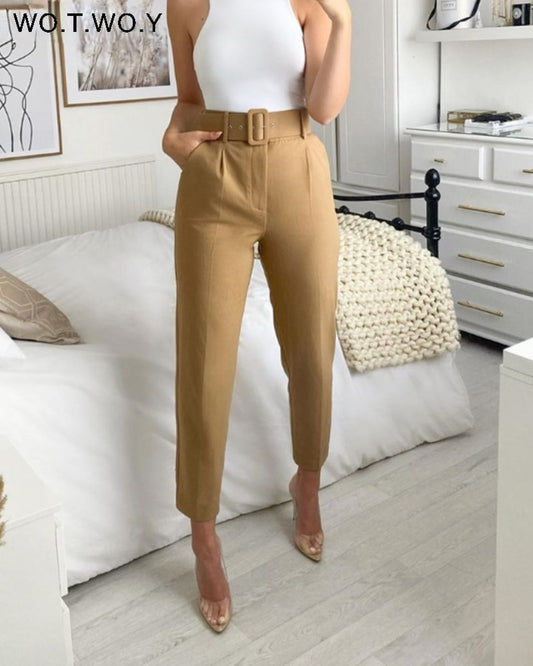 WOTWOY Elegant Formal High Waist Pants Women Skinny Office Lady Pencil Pants Women Pockets Sashes Ankle-Length Trousers Women