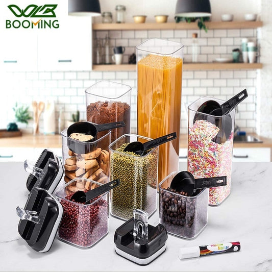 WBBOOMING 7pcs/Set Plastic Sealed Cans Kitchen Storage Box 3 Colors Food Canister Leakproof And One-hand Operation Design
