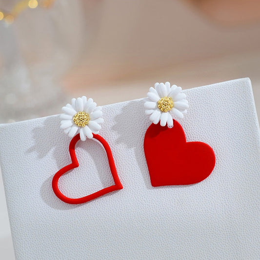 Fashion Cute Daisy Flower Stud Earrings for Women Red White Color Sweet Heart Asymmetrical Earring Party Wedding Jewelry Gifts