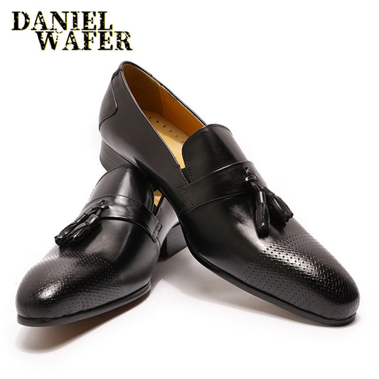 Luxury Men's Loafers Shoes Elegant Dress Shoes Wedding Office Leather Black Brown Slip on Pointed Tassel Loafer Casual Shoes Men