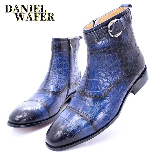 Luxury Design Men's Boots Genuine Leather Ankle Boots Zipper Buckle Crocodile Men Dress Shoes Black Blue Brown Basic Boots Men