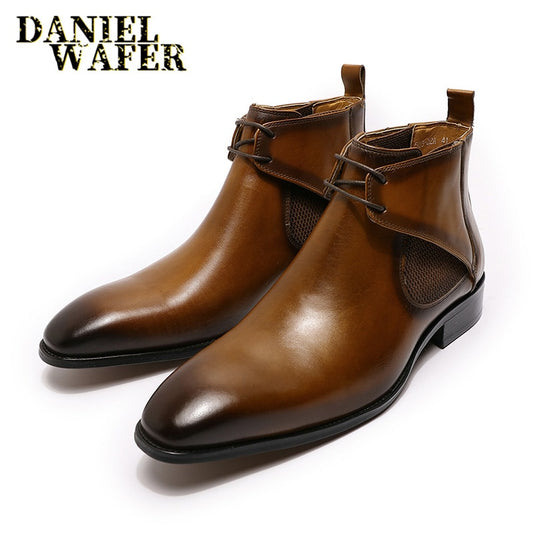 Luxury Design CHUKKA Boots Fashion Men's Genuine Leather Ankle Boots Lace-up Formal Mens Dress Shoes Black Brown Basic Boots Men