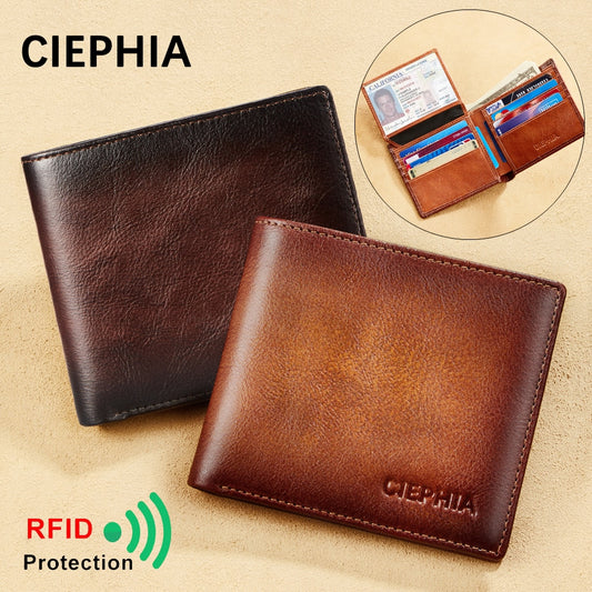 Ciephia Genuine Leather RFID Blocking Wallets for Men Vintage Bifold Short Multi Function ID Credit Card Holder With 2 ID Window