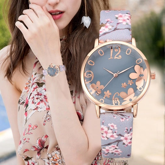 Women Fashion Embossed Flowers Small Fresh Printed Belt Student Quartz Watch montre femme Reloj Mujer