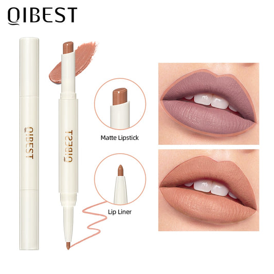 QIBEST 2 In 1 Lip Liner Matte Lipstick Pencil Contour Tint Waterproof Long Lasting Nude Lipliner Lip Pencil Makeup Lipstick Pen