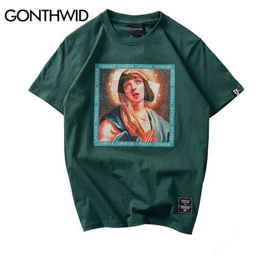 GONTHWID Virgin Mary Men&#39;s T-Shirts 2023 Funny Printed Short Sleeve Tshirts Summer Hip Hop Casual Cotton Tops Tees Streetwear