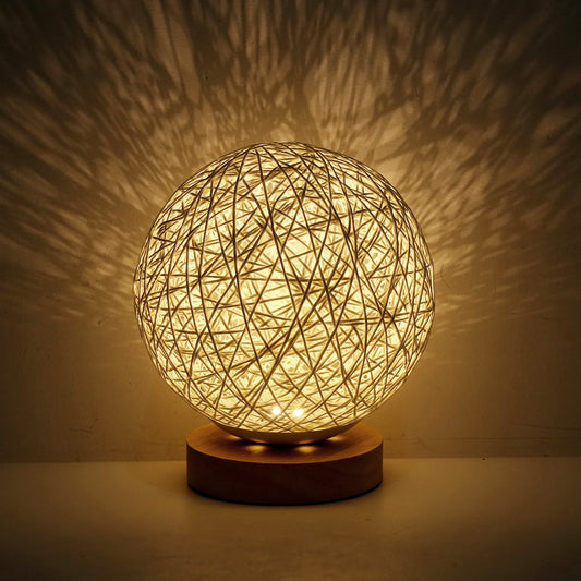 LED Moon Table Lamp Wood Table Ball Light Dimmable Linen Ball Rattan Lampshade USB Bedroom Bedside Night Light Home Decor