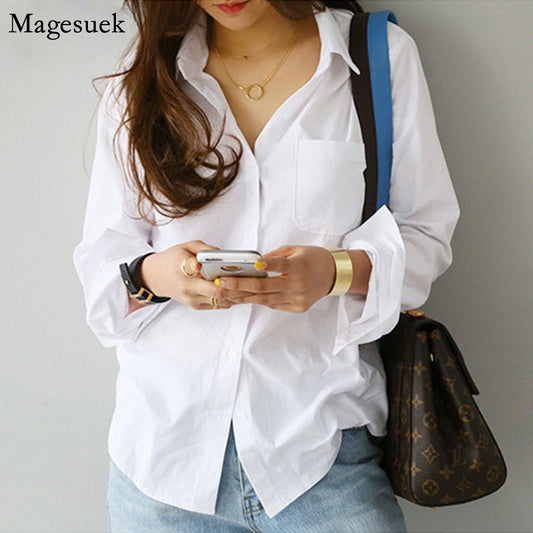New Long Sleeve Ladies Tops Blouses Oversized Button Casual Cotton White Shirt Women Turn-down Collar Loose Blouse Women 3496