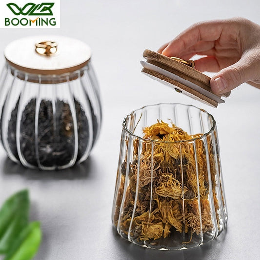 WBBOOMING Bamboo Lid And Transparent Glass Sealed Jar Tea Tin Household Food Tin Confectionery Storage Condiment Box