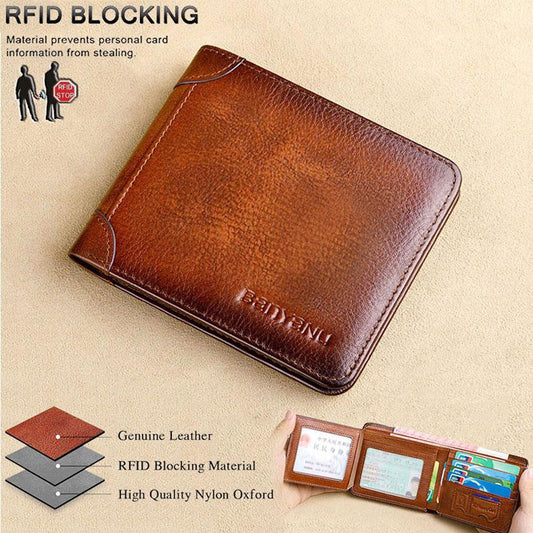 Men&#39;s RFID Blocking Genuine Leather Wallet Bifold Vintage Slim Short Multi Function Large Capacity Cow Skin Purse Money Clip