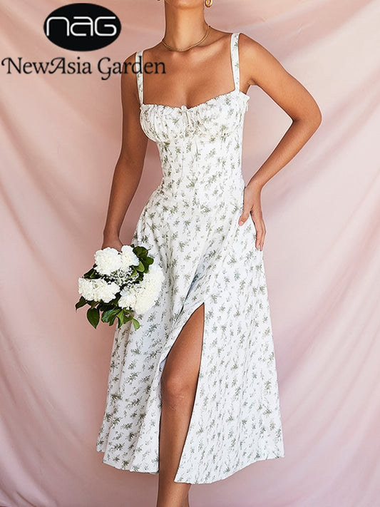 NewAsia Floral Summer Dress Boned Tie Up Split Elastic With Lining Adjustable Strapes Zip Summer Dress Beach Women Vestido 2022