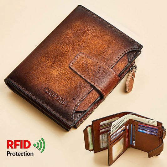 Men&#39;s Genuine Leather Wallet Vintage Short Multi Function Business Card Holder RFID Blocking Zipper Coin Pocket Money Clip