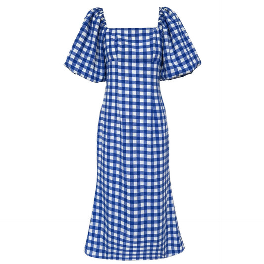 2023 Women Summer Plaid Long Dress Puff Sleeve Square Neck High Waist Long Dress Vestidos Blue