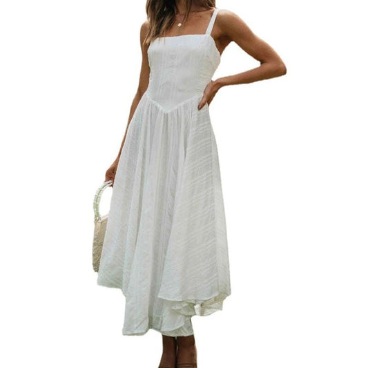 Women Summer Sexy Sleeveless White Long Dress Cotton Material High Waist Long Dress Vestidos White