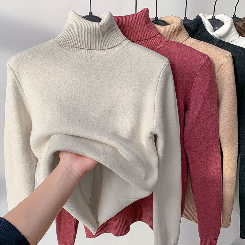 Women Turtleneck Sweater Autumn Winter Elegant Thick Warm Long Sleeve Knitted Pullover Female Basic Sweaters Casual Jumpers Tops Apricot1