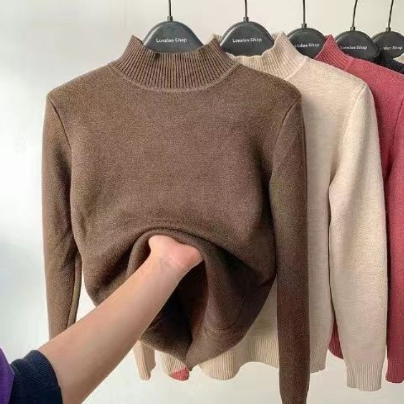 Women Turtleneck Sweater Autumn Winter Elegant Thick Warm Long Sleeve Knitted Pullover Female Basic Sweaters Casual Jumpers Tops Coffee